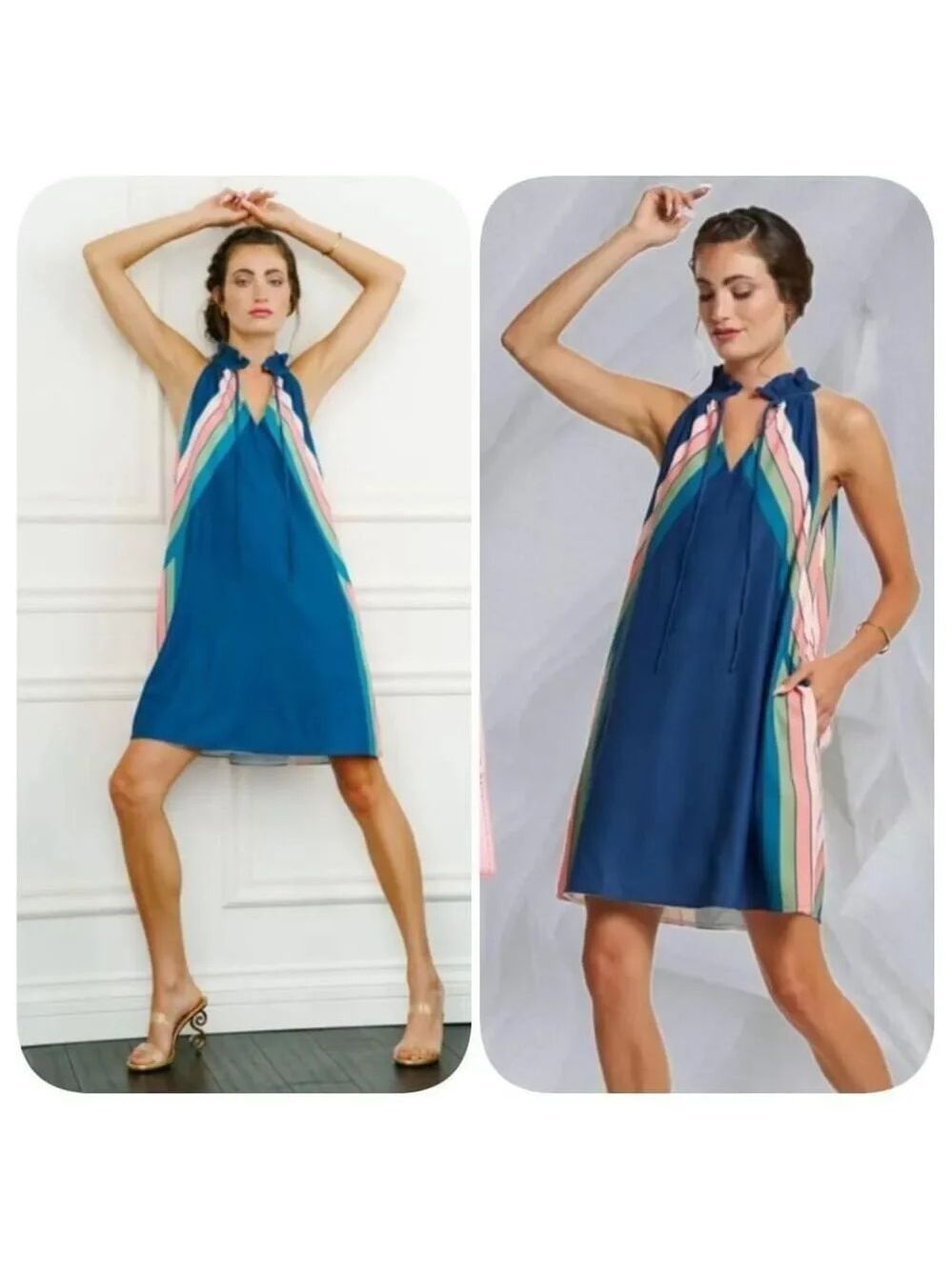 NWOT Ciebon Tekka Stripe Tie Neck Mini Dress Sz L
